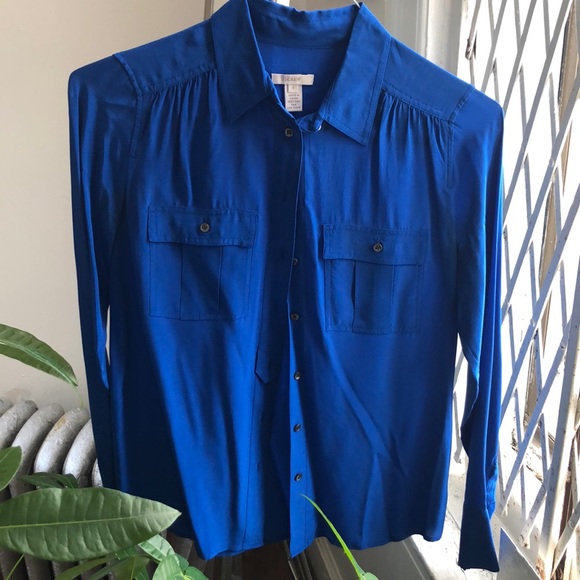 Royal blue silk button-down blouse - Picture 2 of 8